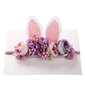 Elastic baby headband with pink and purple faux flowers and plush bunny ears for Easter - Pink and Purple Flower Cluster Style (HH190-1)