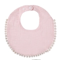 Close-up of pink cotton gauze baby bib with pompom lace and adjustable snap buttons - Light Pink
