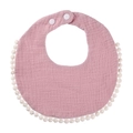 Detail of pink cotton baby bib with decorative white pom-pom trim and adjustable snap buttons - Korean Pink