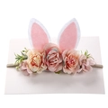 Elastic baby headband with pink fabric roses and soft felt bunny ears for Easter - Soft Pink and Champagne Style (HH190-2)