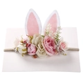 Elastic baby headband featuring pink rabbit ears and multi-colored artificial flowers - Magenta and Beige Style (HH190-3)