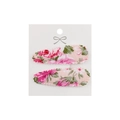 Close-up of floral fabric water-drop hair clips with rose embroidery on display card - Pink With Red Flowers