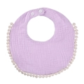 Detail view of purple cotton gauze baby bib with fringe lace and white snap buttons - Light Purple
