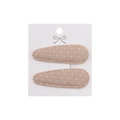 Close-up of two drop-shaped fabric hair clips with white floral embroidery and scalloped edges - Coffee Embroidery Floral