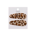 Close-up of a pair of leopard print fabric snap hair clips on a white display card - Classic Leopard