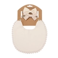 Close-up of bohemian ivory baby bib with lace bow headbands on kraft paper display card - Beige