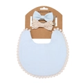 Close-up of baby headband and boho bib set on display card with soft blue fabric - Light Blue