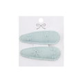 Detailed close-up of light blue fabric hair clips with floral embroidery on white card - Pale Blue Floral Embroidered
