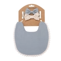 Close-up of baby boho bib and headband set on kraft card in dusty blue and cream colors - Blue Grey