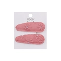 Detail view of two pink teardrop-shaped hair clips with floral embroidery on white card - Pink Exquisite Embroidered