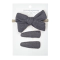 Detailed set of three handmade dark grey fleece bow headband and hair clips for infants - Dark Gray (DP095-5)