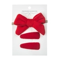 Detailed view of red velvet bow headband and teardrop clips set on a handmade card - Red (DP095-8)