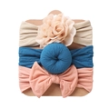 Three-piece baby headband set featuring chiffon flower, donut knot, and large bow styles - Off White Flower + Blue Doughnut + Pink Orange Bow (DP057-3)