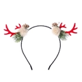 Detailed view of Christmas reindeer headband with red antlers, white fur balls and green pine needles - Red Flocked Antler Golden Berry Headband (JJ88-6)
