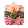 Three-piece baby headband set with chiffon flower, knot, and bow in soft elastic fabric - Light Peach Flower + Olive Green Doughnut + Rubber Pink Bow (DP057-4)