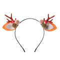 Close-up of reindeer antler headband with festive ornaments like bells and mini mushrooms - Brown Flocked Antler Sequin Ear Headband (JJ88-9)