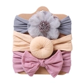 Baby headband set of three featuring mesh flower, donut knot and large purple bow - Gray Flower + Light Nude Doughnut + Pink Purple Bow (DP057-5)
