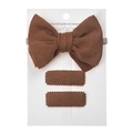 Detailed set of brown faux cashmere bow headband and rectangular hair clips on white card - Caramel (DP096-4)