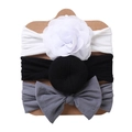 Set of 3 baby elastic headbands with white fabric flower and black grey bows - White Flower + Black Doughnut + Gray Bow (DP057-11)
