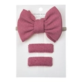 Detailed set of a dusty rose cashmere-like bow headband and two rectangle hair clips - Dark Pink (DP096-9)