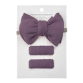 Detailed macro view of purple faux cashmere bow headband and rectangular clips set - Purple (DP096-10)