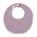 Adjustable light purple cotton gauze baby bib with decorative white pompom fringe trim - Taro Purple
