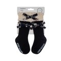 Détail du bandeau en dentelle et chaussettes à nœud floral pour bébé sur carton - Noir (DP099-1)