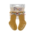 Close-up of ginger ribbed baby socks and lace headband set with floral bows for 0-12 months - Mustard Yellow (DP099-6)