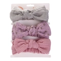 Three-piece baby headband set with muslin rabbit ear bows in grey and floral pink - Gray Purple Floral and Pink Combination (DP070-11)