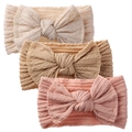 Detailed view of three baby headbands with knitted texture and decorative soft bows - Beige Khaki Pink Set (KK168-3-7-31)