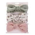 Three-piece set of muslin baby headbands with bow knots in green, floral, and dusty pink - Bean Green Floral and Pink Combination (DP070-12)