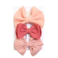 Detailed close-up of set of 3 textured bow hair clips in light orange, rose, and pink colors - Orange Pink Warm Tones (DP078-1)