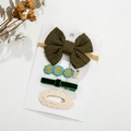 Detail of 4pcs girls hair accessory set with green knit bow headband and flower clips - Dark Green Style(DP104-7)