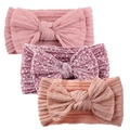 Detailed close-up of three soft baby headbands with large bows in pink and floral prints - Pink Purple Floral Set (KK168-16+KK168-4#+KK168-31)