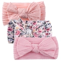 Detailed macro view of 3-piece baby headbands with pink and floral bow knit textures - Pink Floral Set (KK168-14+KK168-6#+KK168-15)