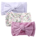 Three-pack soft nylon baby headbands with ribbed knit texture and floral patterns - Light Purple Pink Set (KK168-2+KK168-8#+KK168-24)