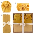 Newborn baby gift set featuring mustard yellow swaddle blanket, knot hat and velvet bow headband - Mustard Yellow Set (DP060-59)