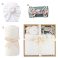 Newborn gift set with ribbed hat, floral headband, and cotton swaddle in a kraft box - Pure White Set (DP060-56)