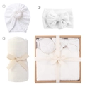 Newborn baby white swaddle blanket set with knot hat and bow headband in a gift box - Ivory White Set (DP060-62)