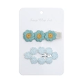 Detailed view of handmade daisy embroidery and lace snap clips for toddlers - Green And Blue Set (DP113-7)