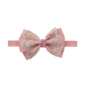 Detail showing pink tiered bow with beige lace embroidery on a soft elastic baby headband - Pink (EE128-14)