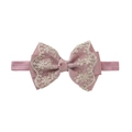 Detailed view of pink grosgrain bow baby headband with beige lace and floral embroidery - Lotus Pink (EE128-16)