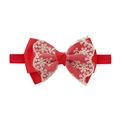 Detailed view of red lace bow baby headband with gold embroidery and elastic nylon band - Bright Red (EE128-20)