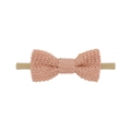Detailed close-up of coral pink knitted cotton bow with elastic nylon headband for babies - Knitted Bow / Coral Pink (EE126-31)
