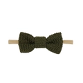 Close-up of olive green knitted cotton bow on soft nylon elastic headband for infants - Knitted Bow / Dark Green (EE126-42)