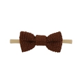 Detail of baby headband with a dark brown knit bow and soft seamless nylon elastic band - Knitted Bow / Dark Brown (EE126-51)