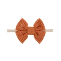 Detailed close-up of handmade orange knit bow on soft nylon elastic baby headband - Orange Style (EE125-29)