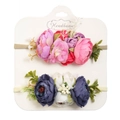 Set di due fasce floreali per neonati con fiori in tessuto rosa e blu scuro su nylon morbido - Dp079-19