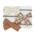Three-piece baby headband set with bow designs in beige, brown plaid and caramel cotton - Off-white Gingham Caramel Style (DP123-1)