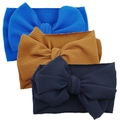 Three-pack baby headbands with large bows in bright blue, mustard, and navy blue - Bright Blue Ginger Navy Set (DP022-4)